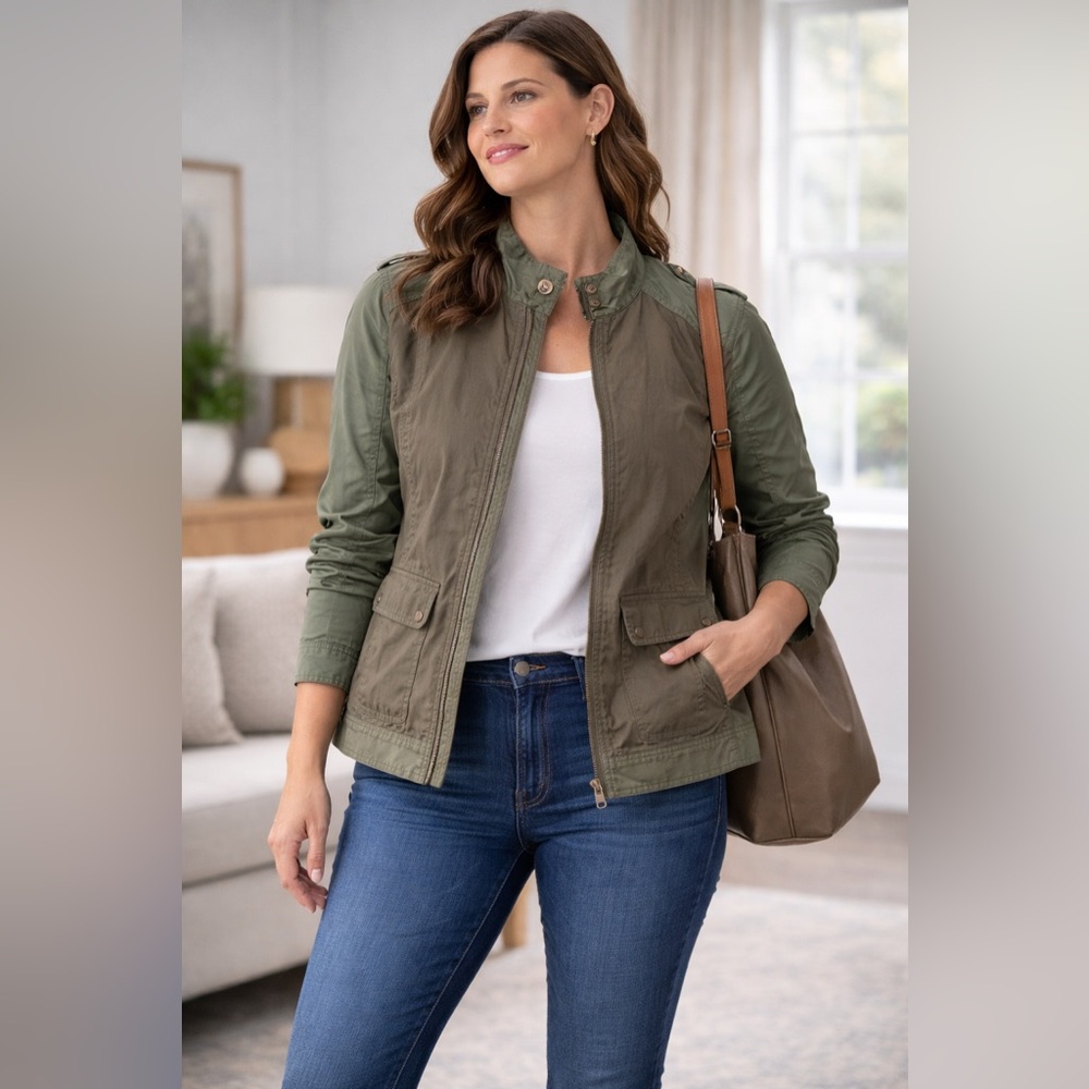 Lucky Brand Utility Jacket Women’s Medium Olive Green Zip Front‎ Military Style